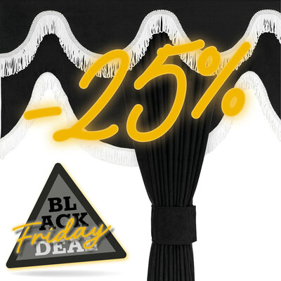 SET BASIC TENDA LATERALE, NASTRO FINESTRINO ANTERIORE E TENDA A 3 BURVI - FRANGE BIANCHE E NERE